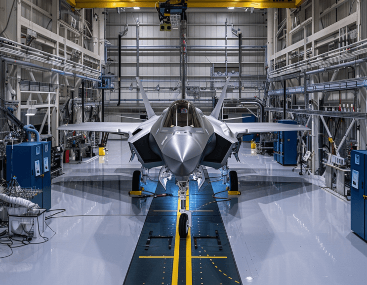Fighter jet in warehouse.